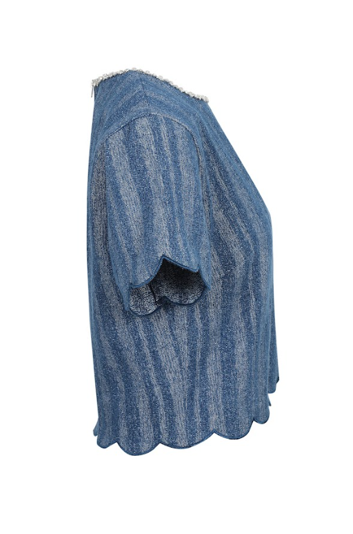 Scallop Hem Denim Top with Neck Rhinestones