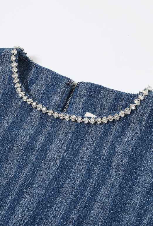 Scallop Hem Denim Top with Neck Rhinestones