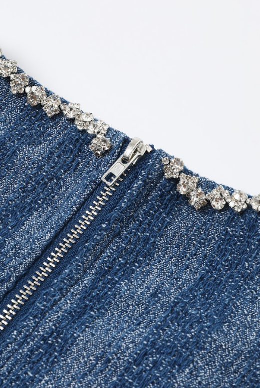Scallop Hem Denim Top with Neck Rhinestones
