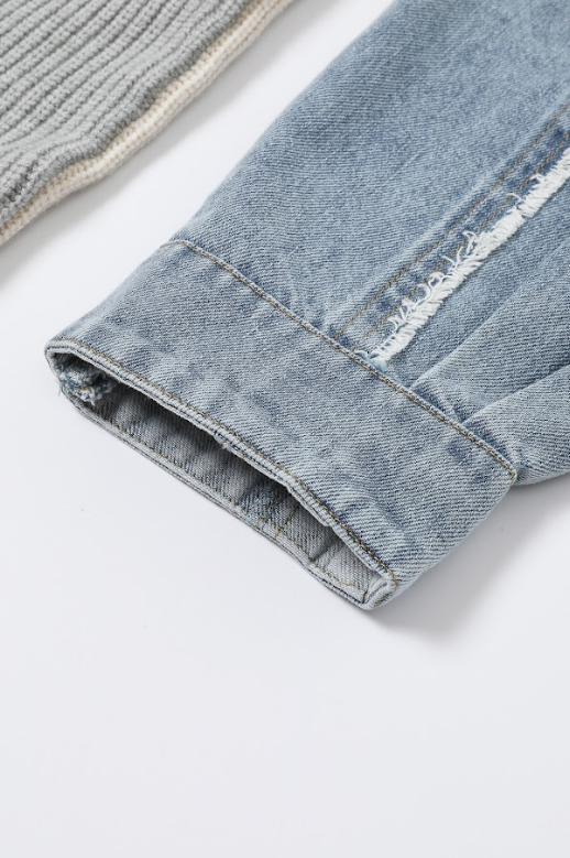 Denim-Sleeve Contrast Knit Sweater