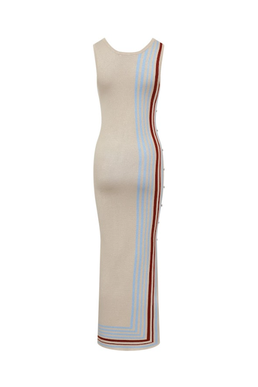 Knit Button Embellished Stripe Maxi Sleeveless Dress