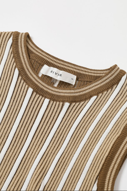 Pinstripe Knit Godet Sleeveless Midi Dress