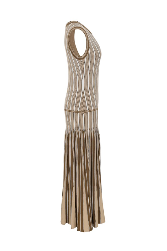 Pinstripe Knit Godet Sleeveless Midi Dress