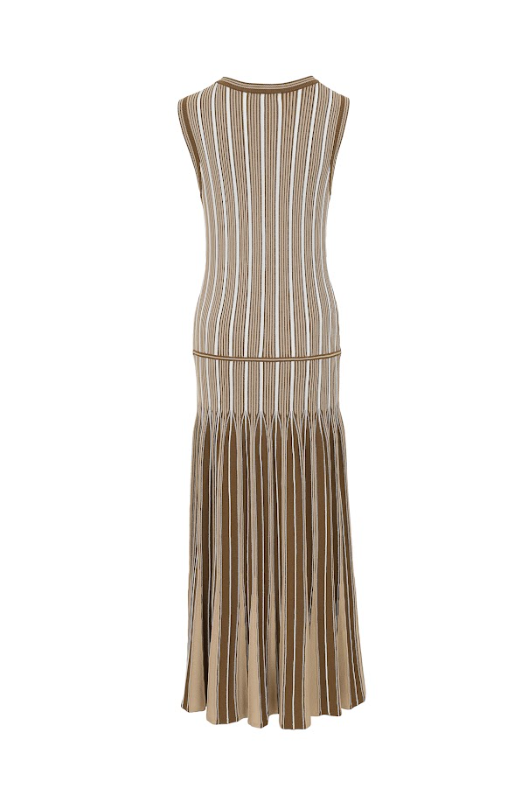 Pinstripe Knit Godet Sleeveless Midi Dress