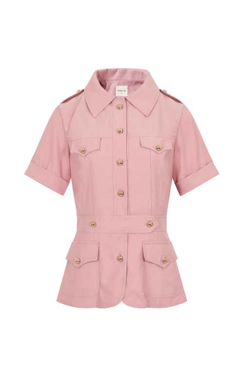 Woven Short Sleeve Safari Jacket with Gold Accent Buttons
