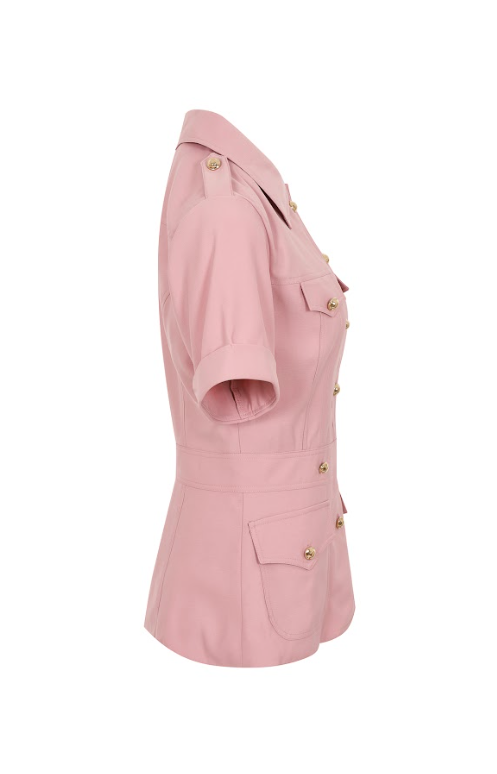 Woven Short Sleeve Safari Jacket with Gold Accent Buttons