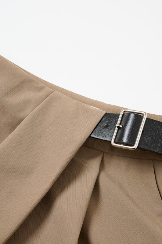 Axelle Woven Asymmetrical Pleated Pants with PU Belt